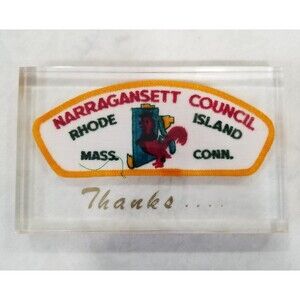 Boy scout shoulder patch in lucite paperweight with "Thanks..." vintage
